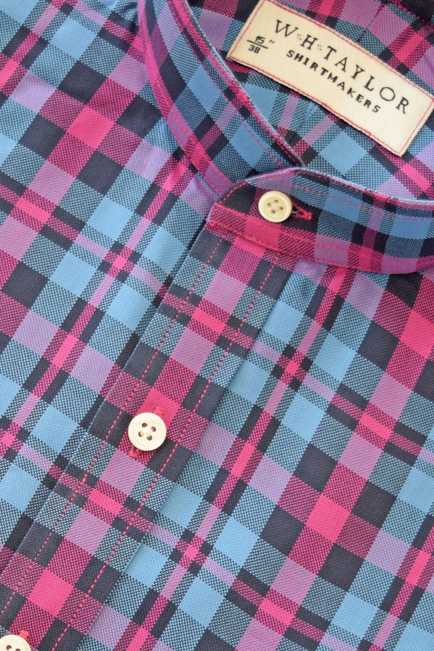 Blue & Cerise Plaid Check Twill Men's Bespoke Shirt