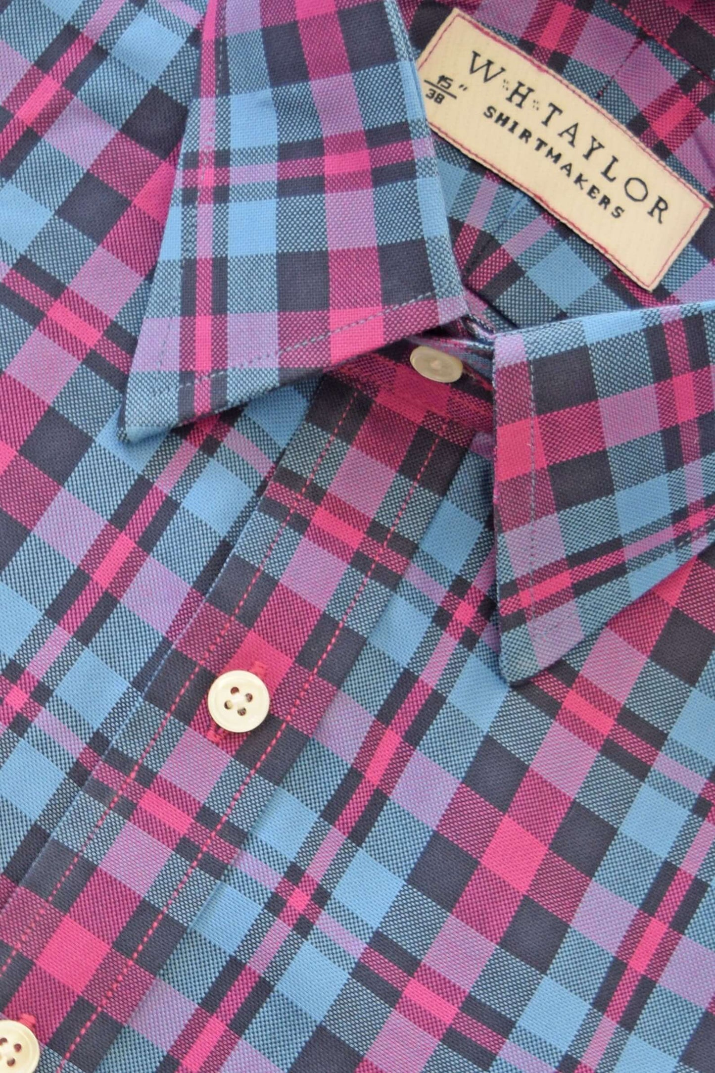 Blue & Cerise Plaid Check Twill Men's Bespoke Shirt