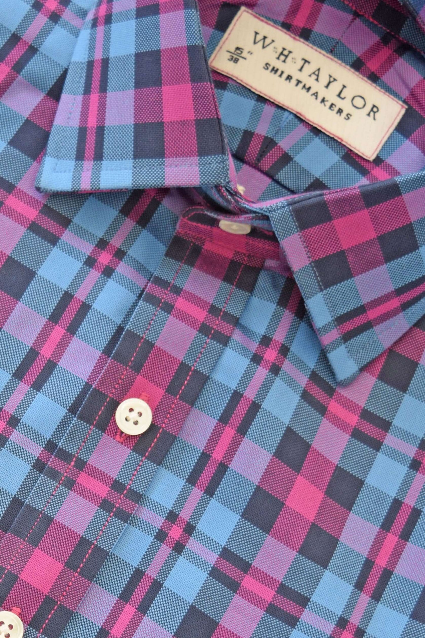 Blue & Cerise Plaid Check Twill Men's Bespoke Shirt