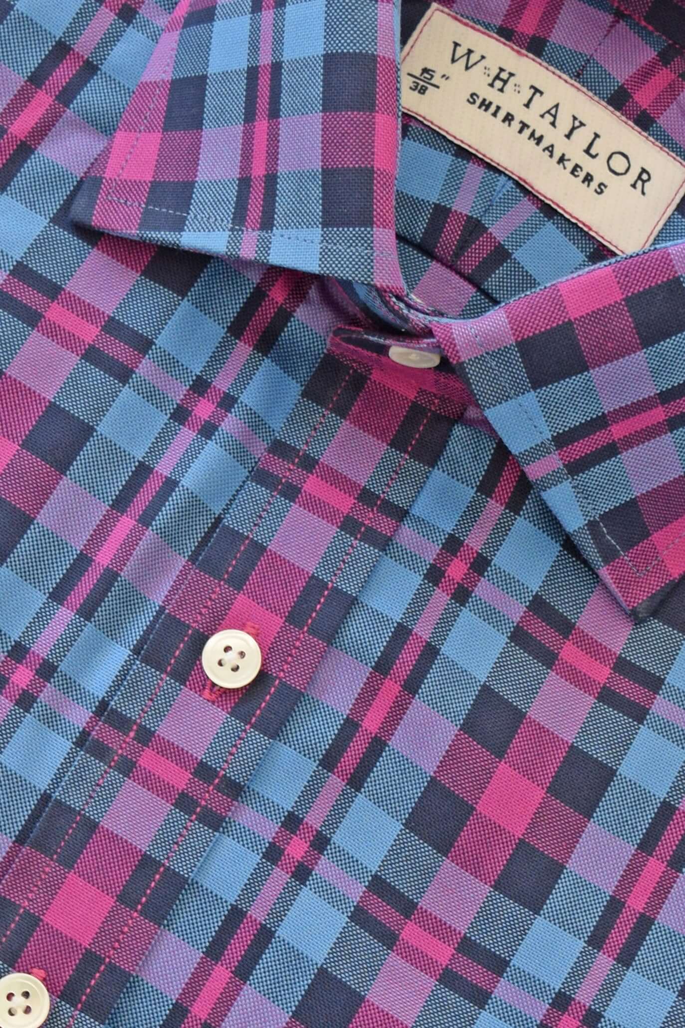 Blue & Cerise Plaid Check Twill Men's Bespoke Shirt