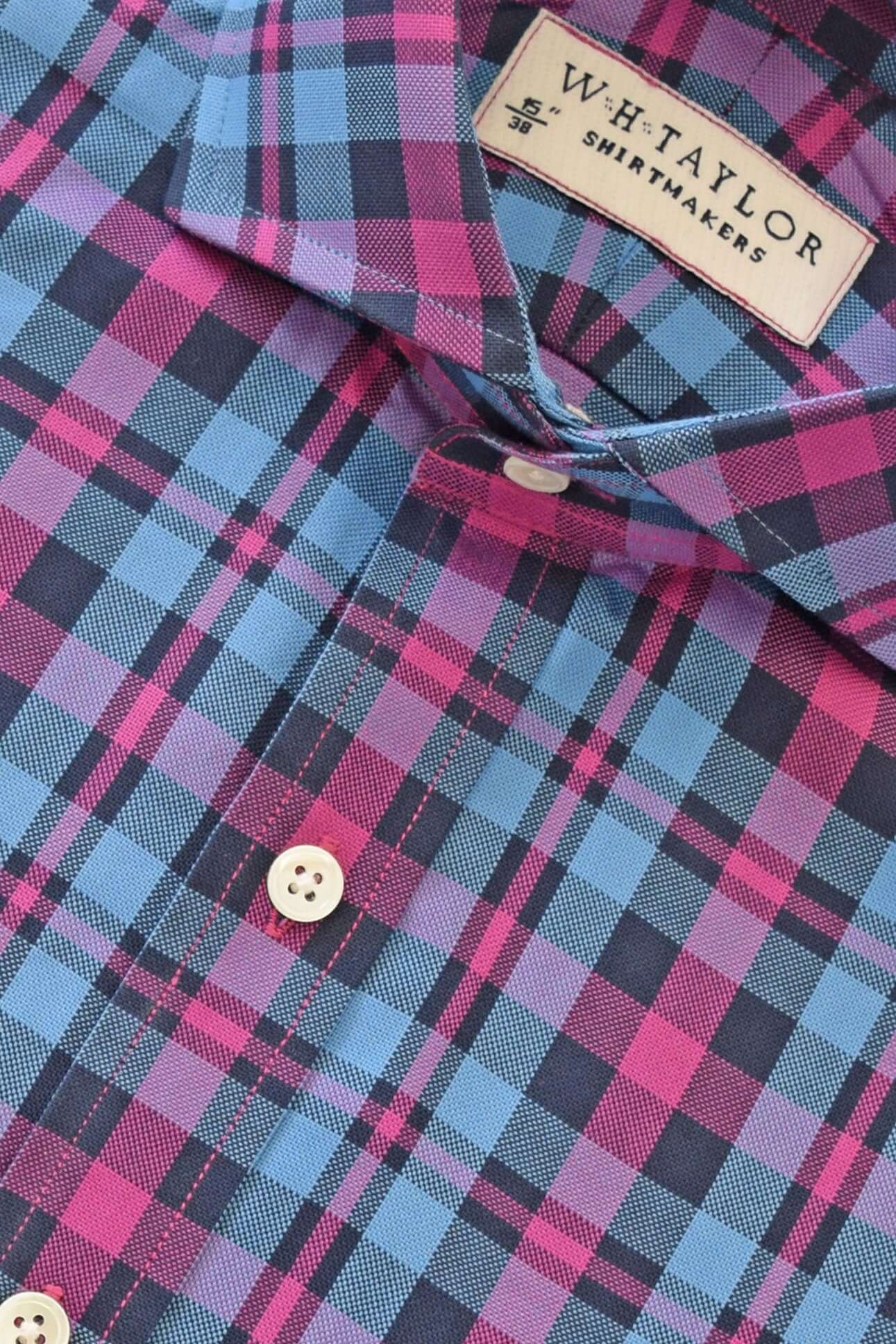 Blue & Cerise Plaid Check Twill Men's Bespoke Shirt