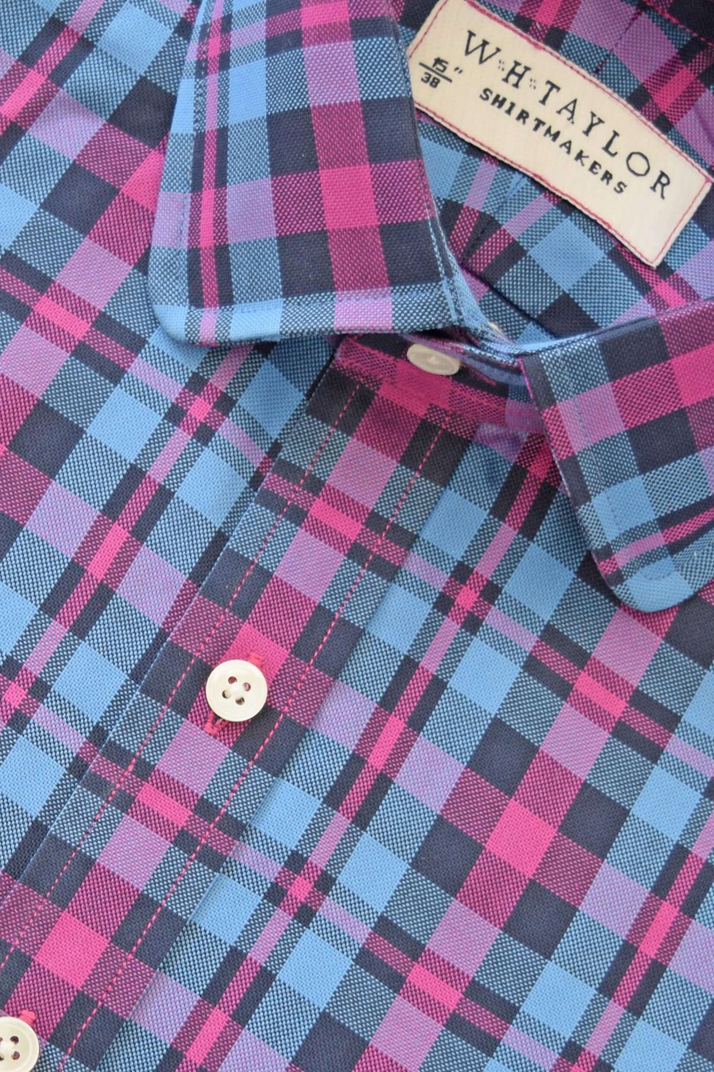 Blue & Cerise Plaid Check Twill Men's Bespoke Shirt