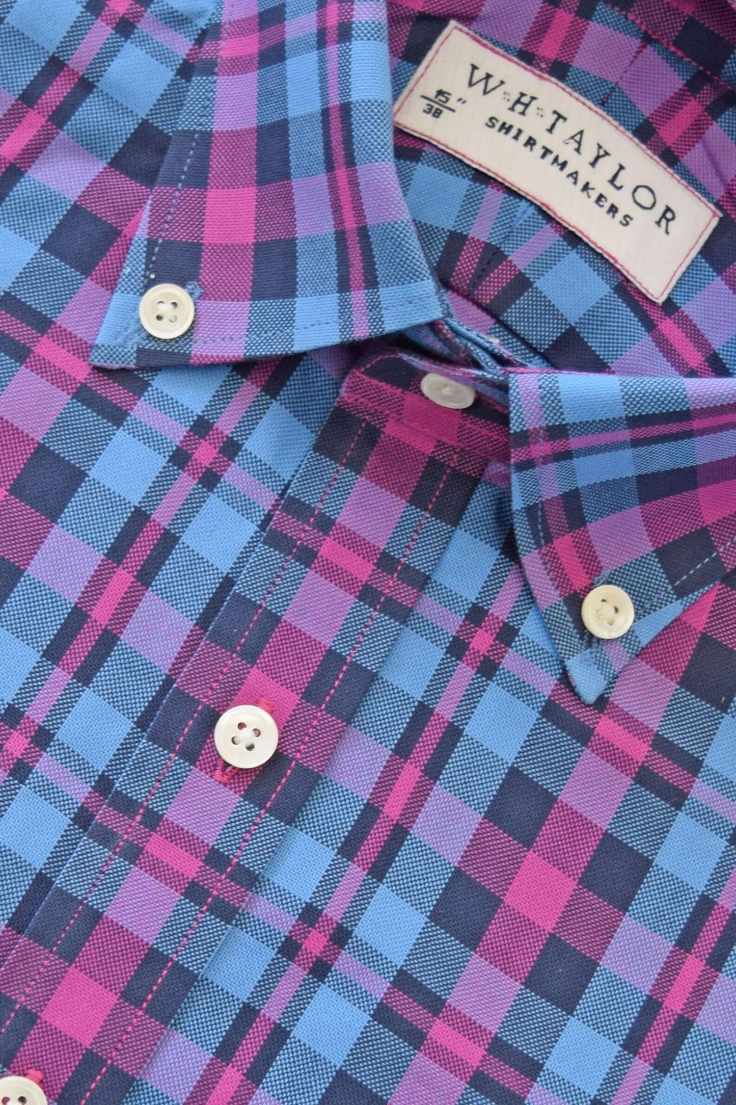 Blue & Cerise Plaid Check Twill Men's Bespoke Shirt