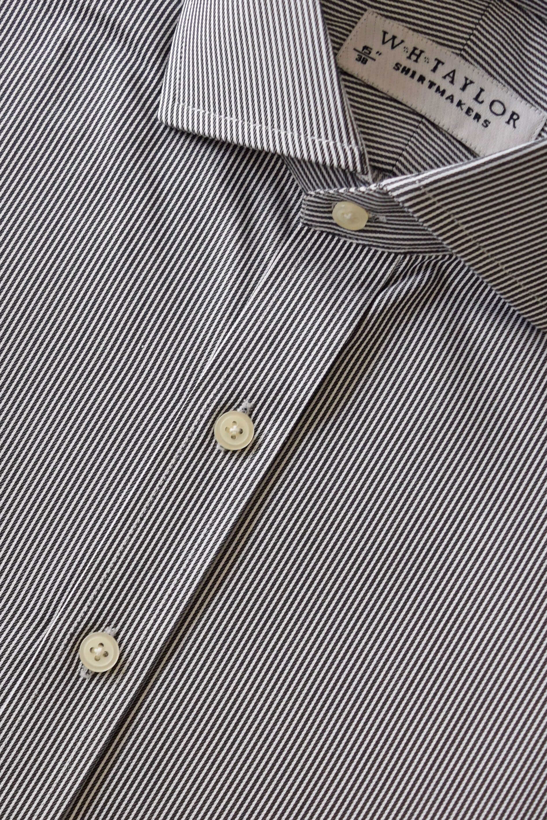 Black & White Narrow Stripe Twill Men's Bespoke Shirt with Buttons and Collar Close-up