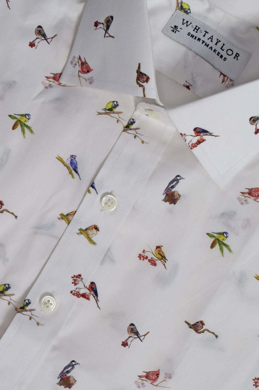 English Bird Pattern White Men's Bespoke Shirt