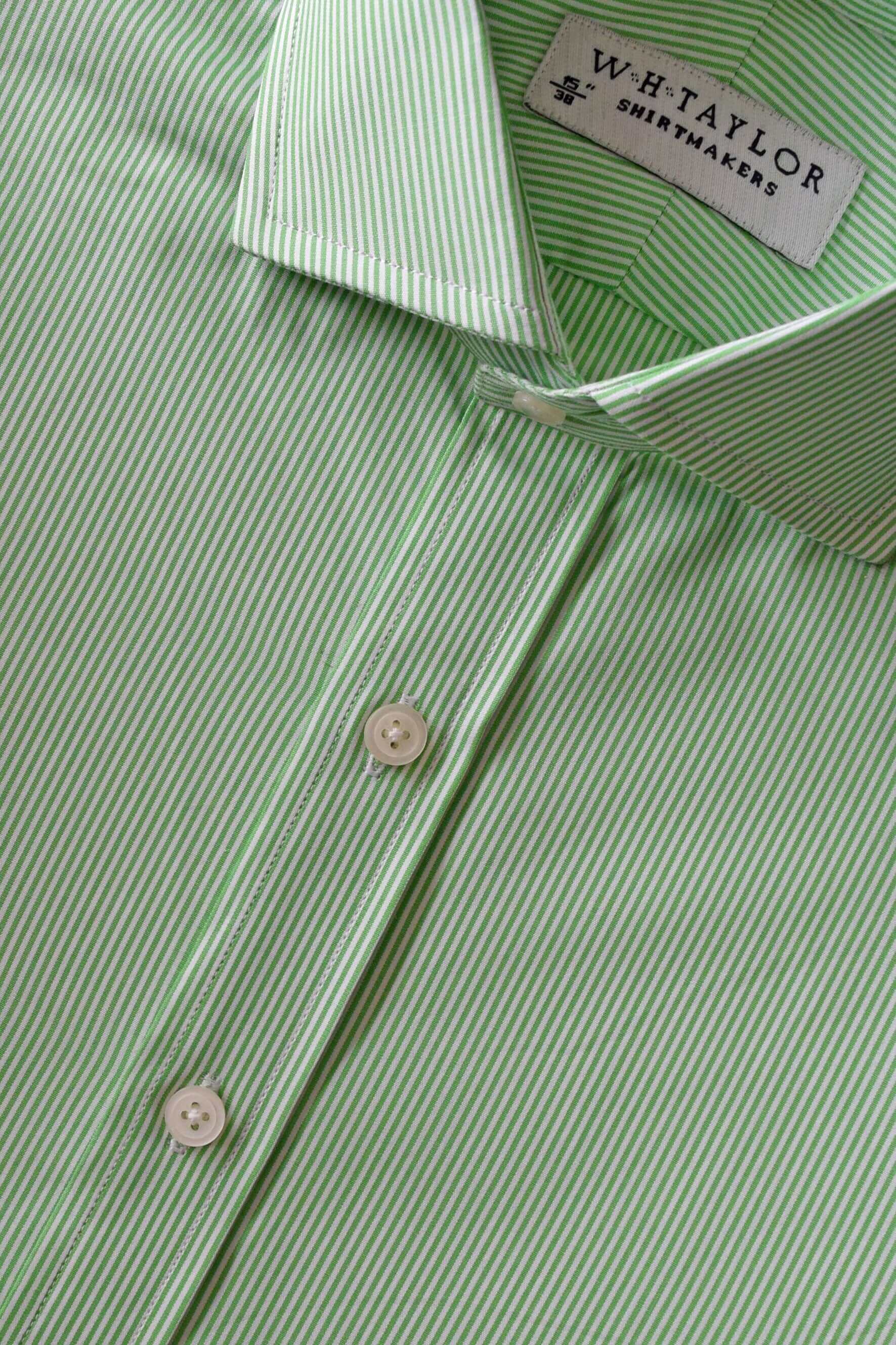 Light green narrow Bengal stripe poplin men's bespoke shirt, 100% cotton, perfect for business or casual summer outfits.