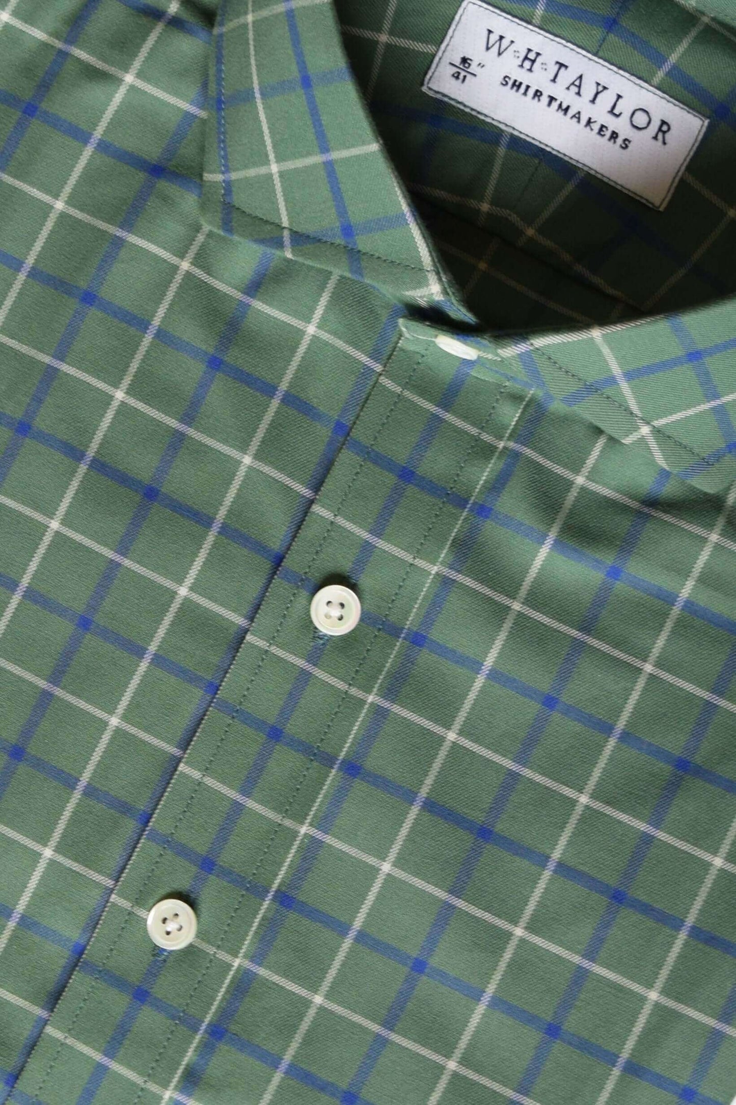 Forest Green Navy White Tattersall Check Twill Men's Bespoke Shirt - Close-up View