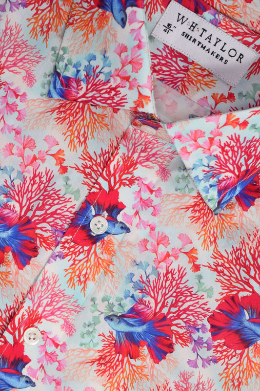 Tropical Fish Pattern White Men's Bespoke Shirt