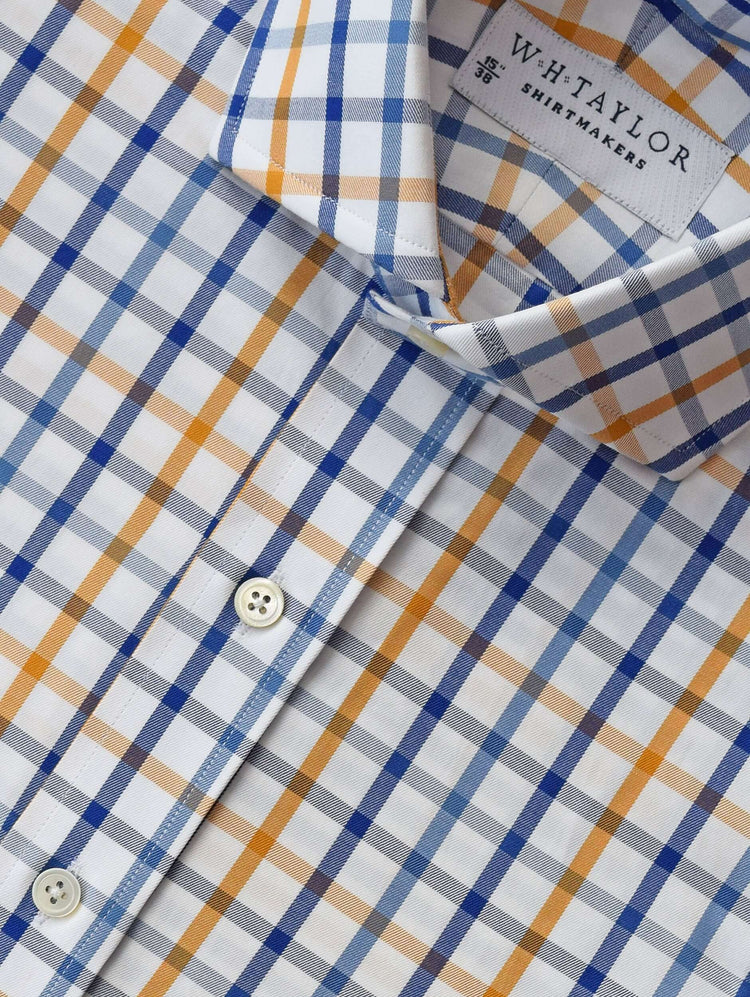 Fine cotton bespoke shirt with blue and yellow check pattern, made to order from 100% brushed cotton fabric for a soft handle.
