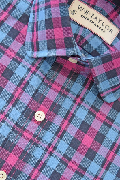 Blue & Cerise Plaid Check Twill Men's Bespoke Shirt