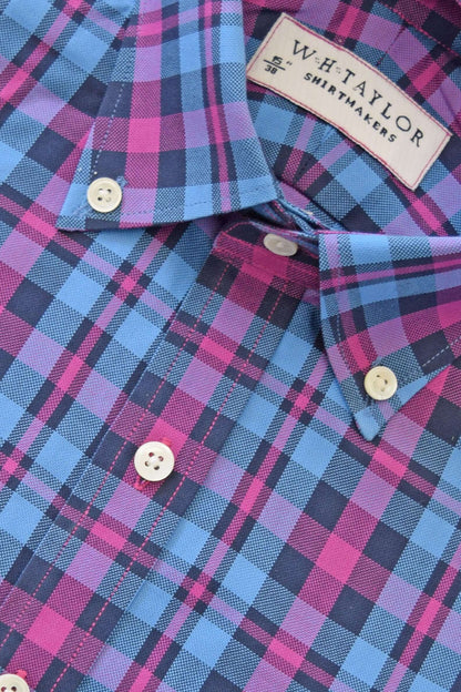 Blue & Cerise Plaid Check Twill Men's Bespoke Shirt