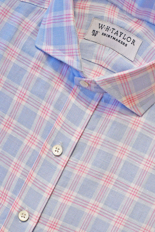 Sky & Pink Plaid Check Linen Men's Bespoke Shirt - whtshirtmakers.com