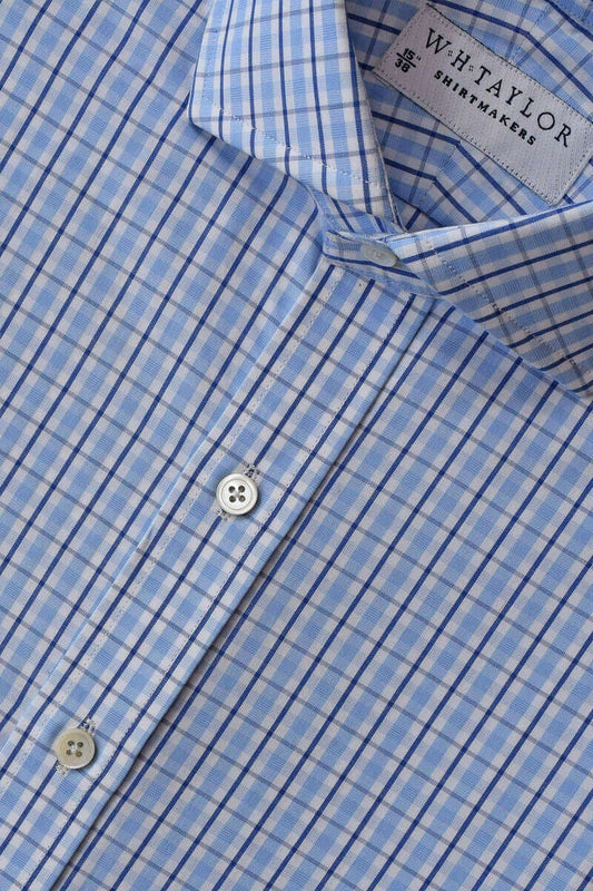 Sky & Navy Over Check Poplin Men's Bespoke Shirt - whtshirtmakers.com